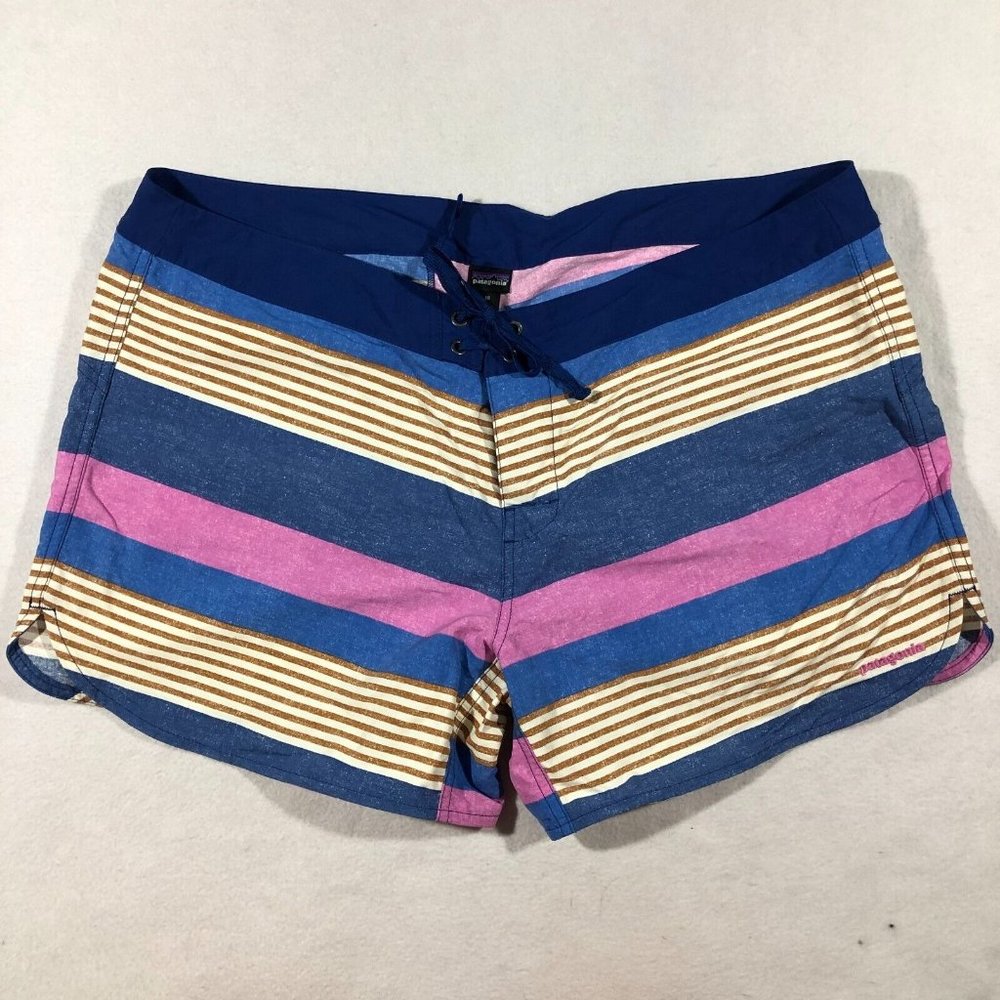 Patagonia Womens 18 Striped Wavefarer Short Pink Blue Tan Nylon Board Short Swim